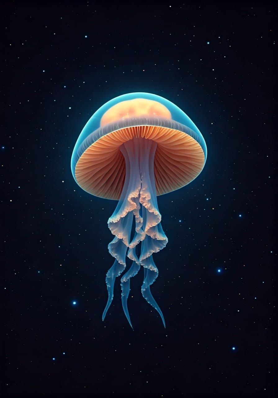 Mushroom Jellyfish Hybrid in Space, Photorealistic Style
