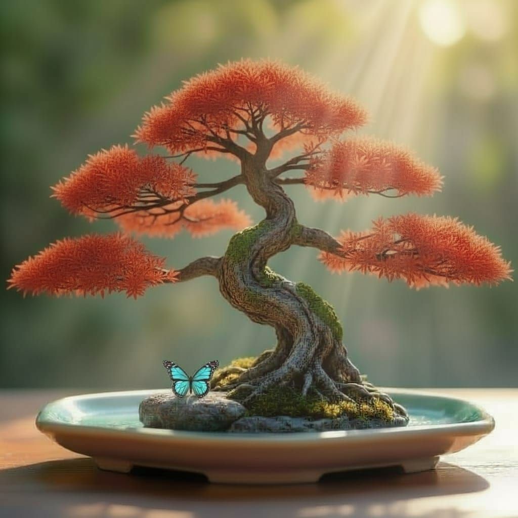 Photorealistic Willow Bonsai Bathed in Dawn Light