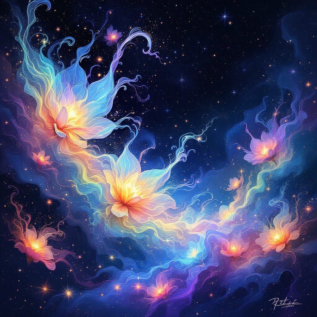Celestial Blooms Unfurl in a Dark, Starry Expanse
