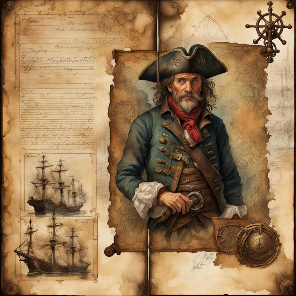 Old Pirate in Journal, Watercolor Style