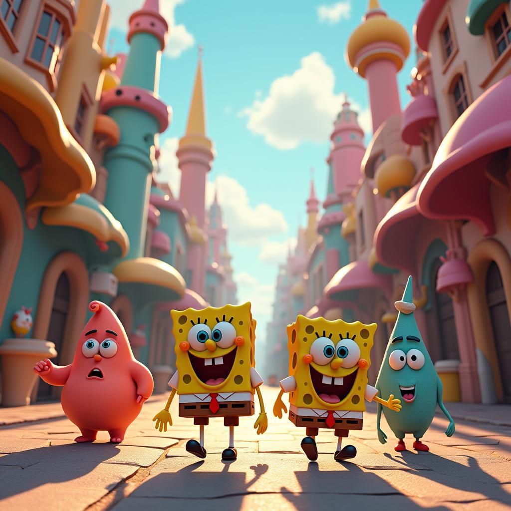 SpongeBob Mashup in Dreamlike Cityscape