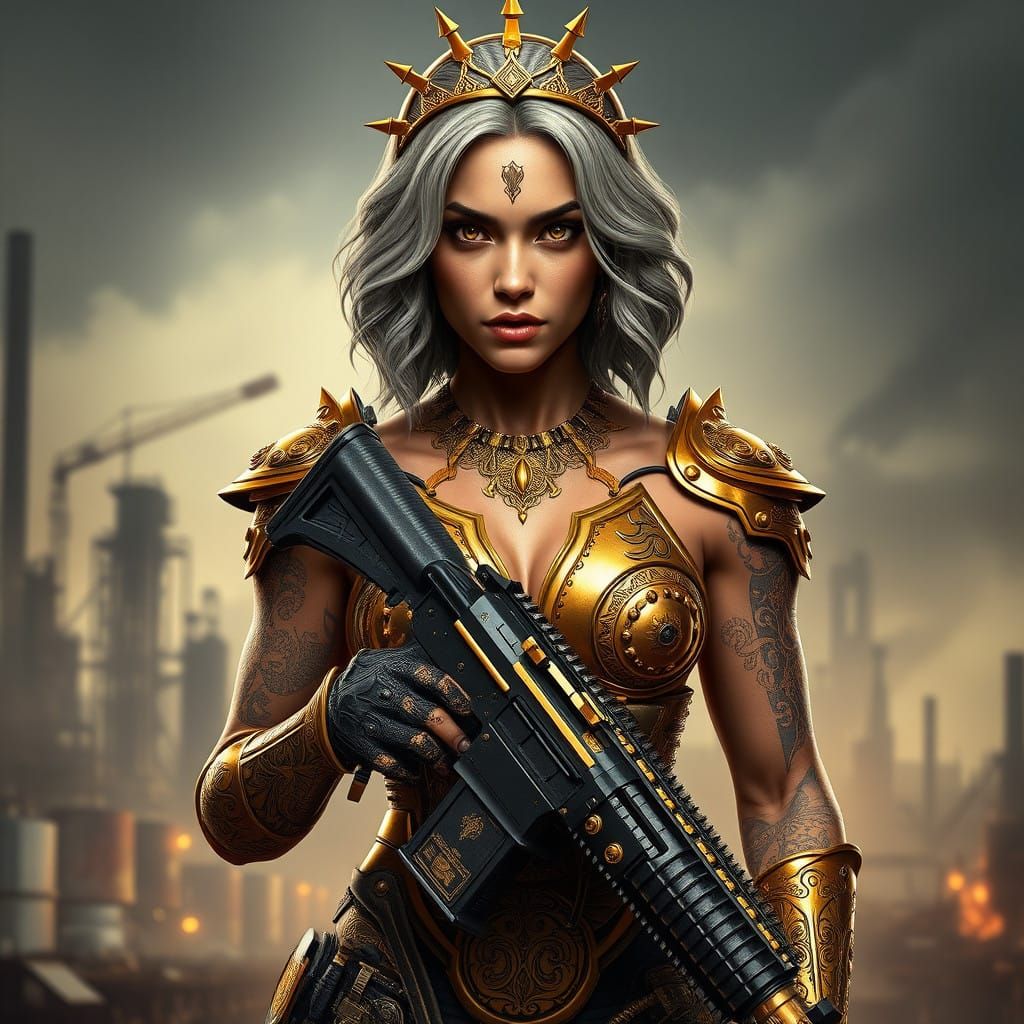 Powerful Female Warrior in Post-Apocalyptic Cityscape