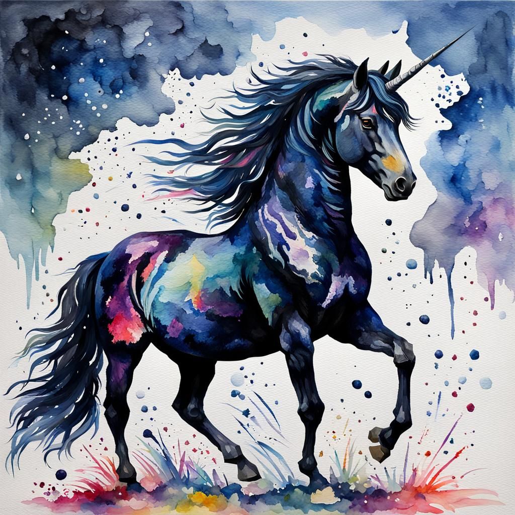 Majestic Black Unicorn in Gouache Watercolor Style