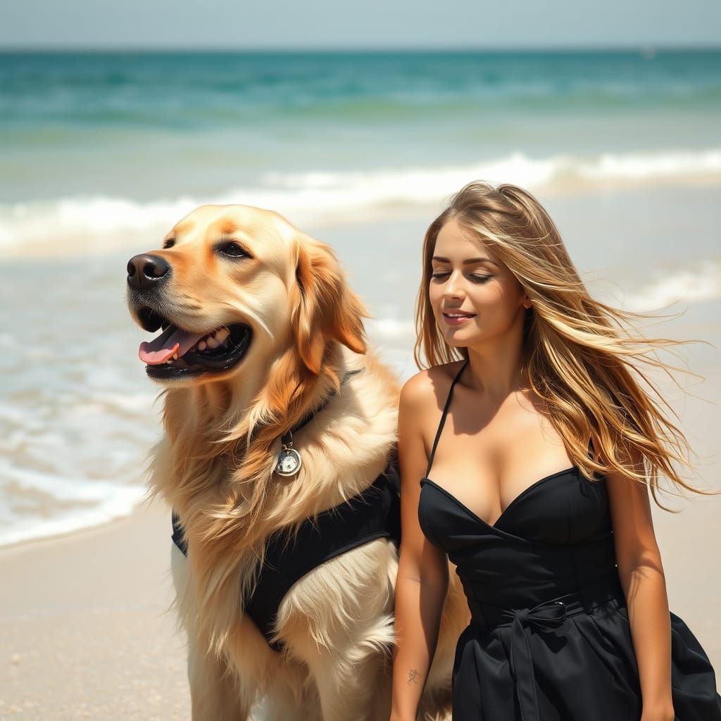 Golden Retriever and Girl on Beach, Expressive Art