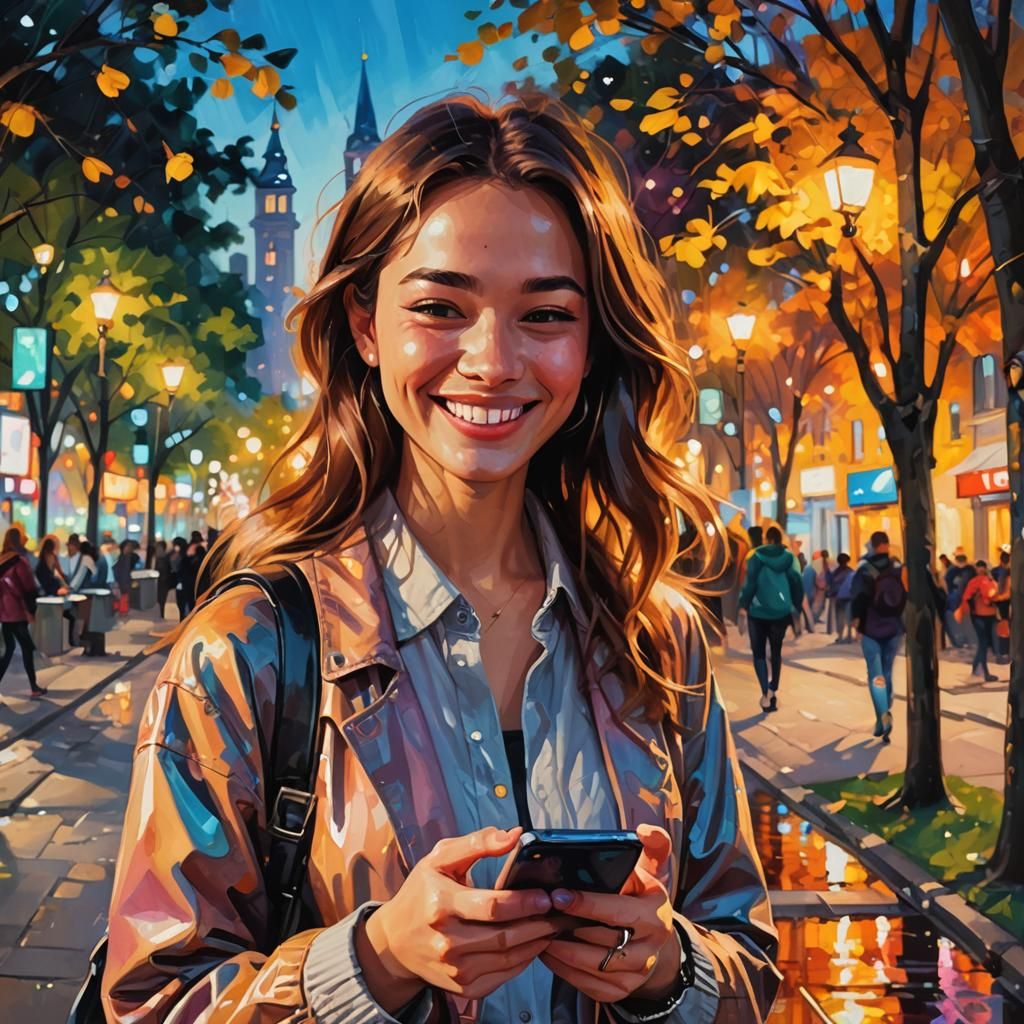 Girl with Phone in City Park, Impressionist Oil Painting