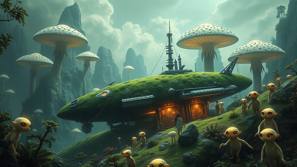 Moss Covered Spaceship on Alien World: Art Nouveau