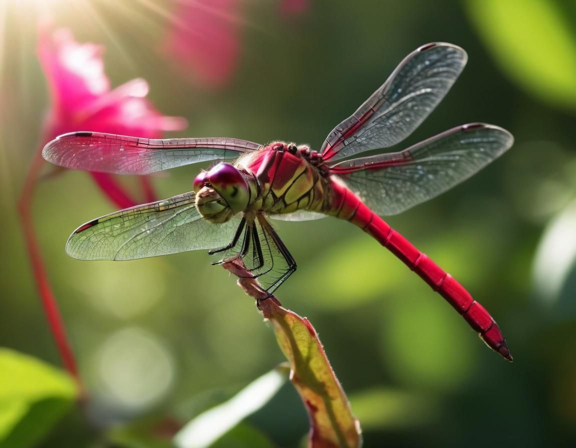Dragonfly Shimmers on Red Fuschia Flower