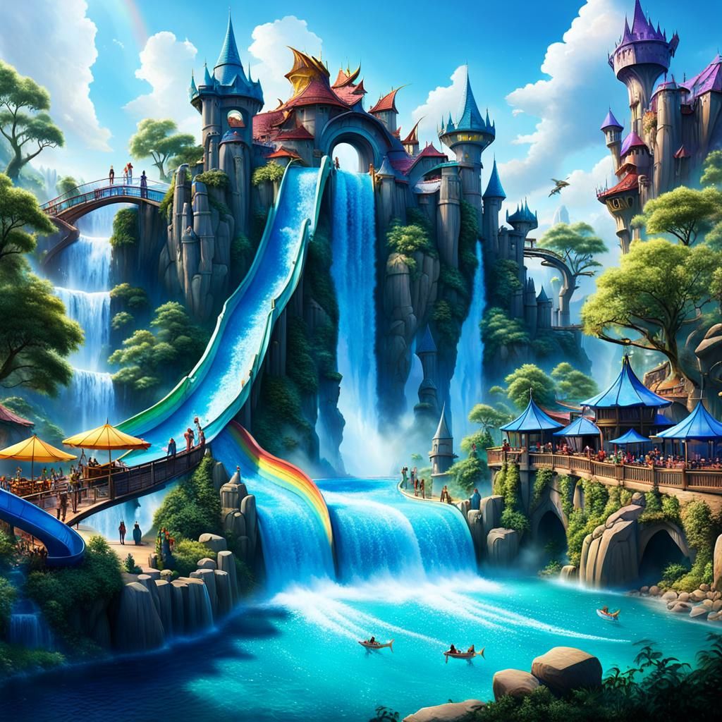 Magical Fantasy Water Park with Dragons: 3D Digital Art