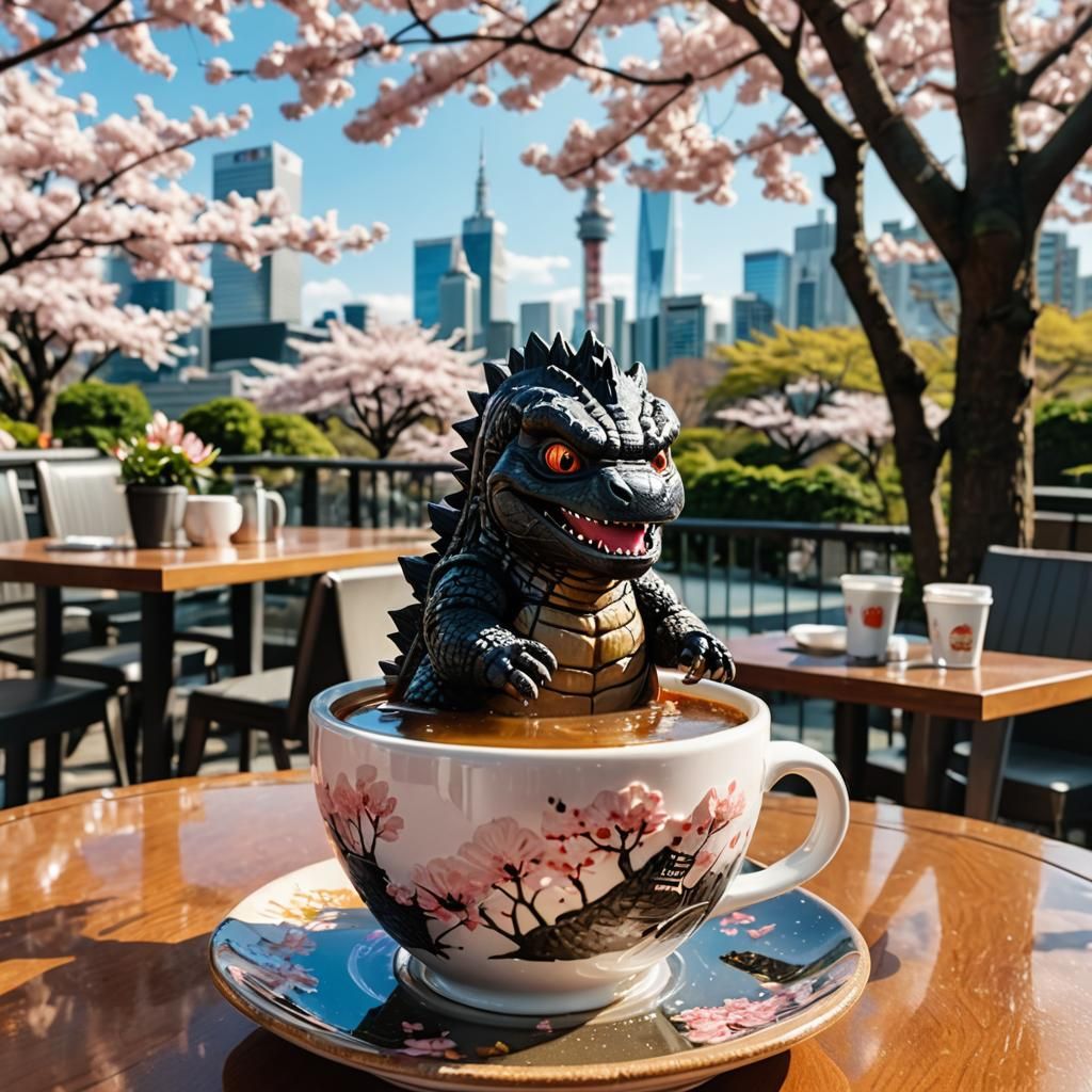 Godzilla Chibi Bathing in Coffee in Tokyo: Manga Style