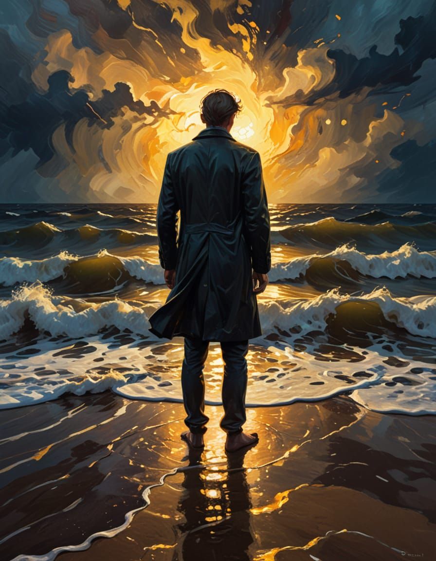 Expressionist Figure Contemplates Moonlight Shore