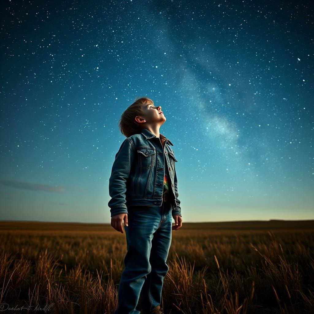 Boy Stargazing Under Starry Night Sky in Hyperrealism