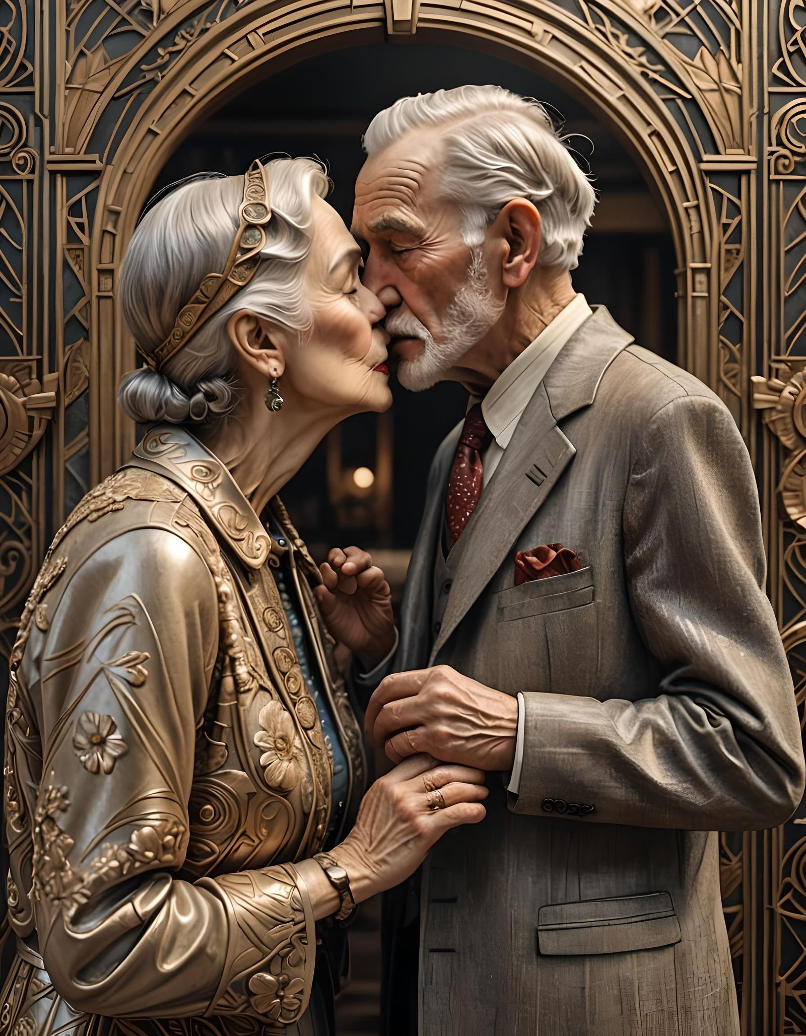 old man and woman kissing while standing up. intricately detailed art deco hyperrealism mixed media sharp focus 3D shadi...