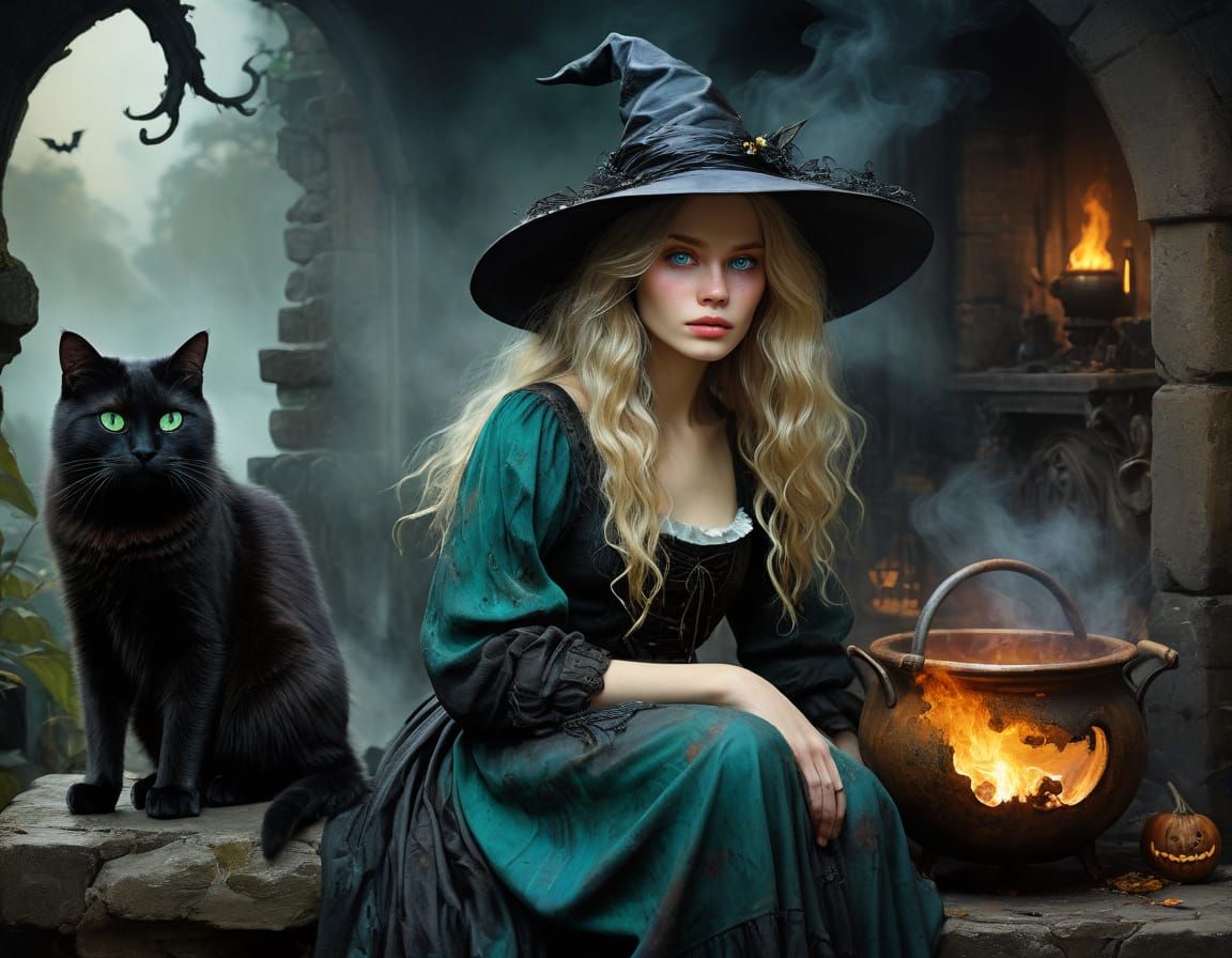 Mystical Witch in a Dark Jungle Scene, Oil Painting