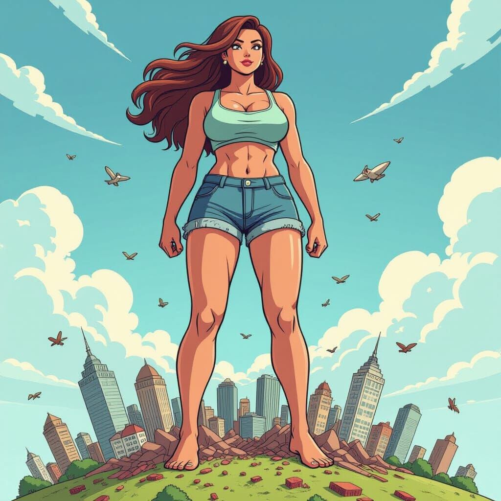 Cartoon Giantess Towers Over Destroyed City Landscape