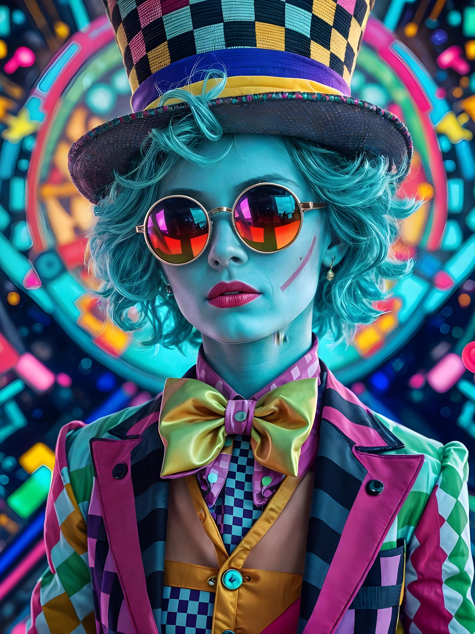 Cyberpunk Mad Hatter in Vibrant Gingham and Harlequin Patter...