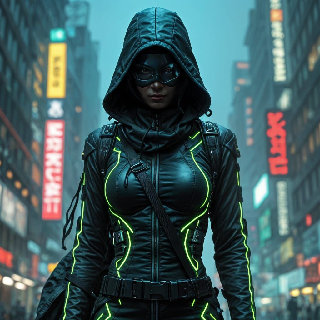 Cyberpunk Ninja Waits in Shadows