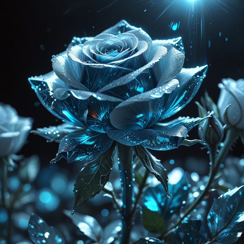 Crystal Rose Blooms Under Moonlight: Surreal Digital Art