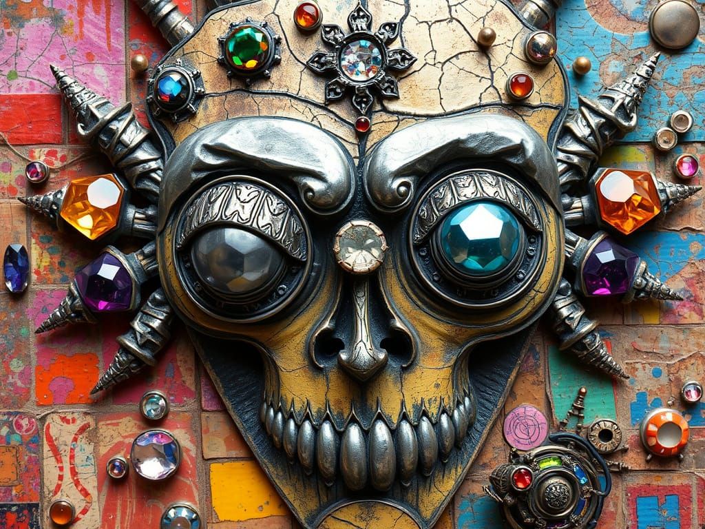 Bizarre Metal Face in Textured Collage