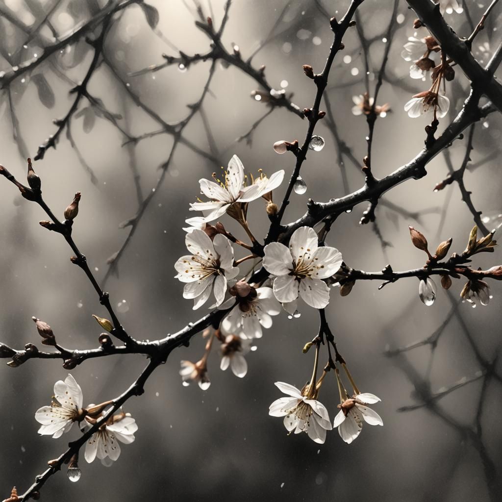 Dew Drops on Cherry Blossoms: Charcoal Drawing