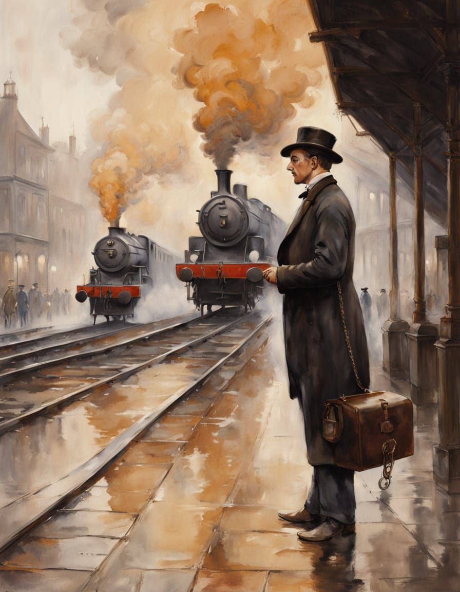 Man in Edwardian Frock Coat Stands on Station Platform