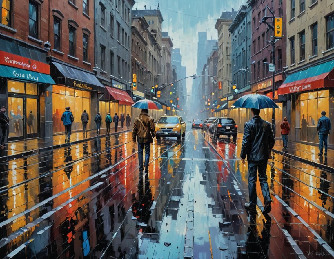 Rainy Night in Future City: Impressionist Palette Knife Oil ...