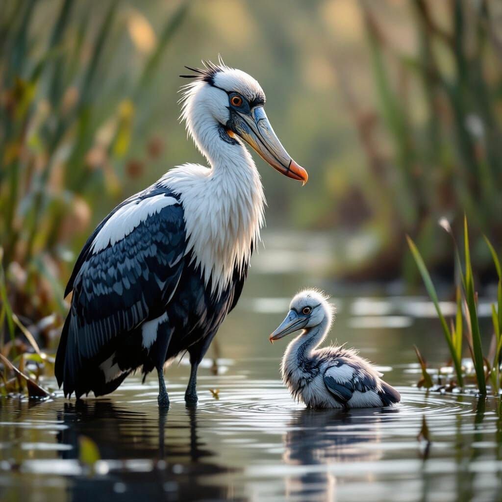 Shoebill Stork and Chick in Wetland, Super Realistic