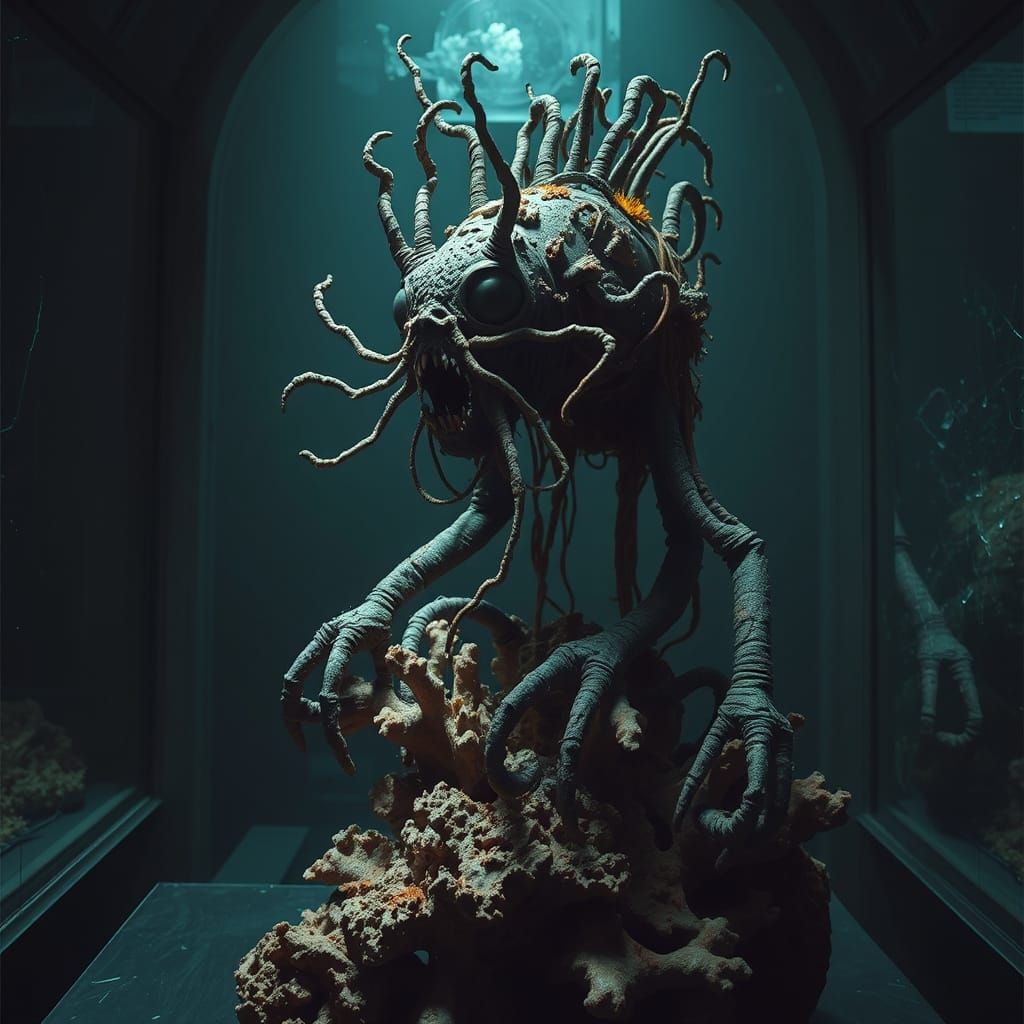 Grotesque Anglerfish Sculpture in Dim Underwater Gallery
