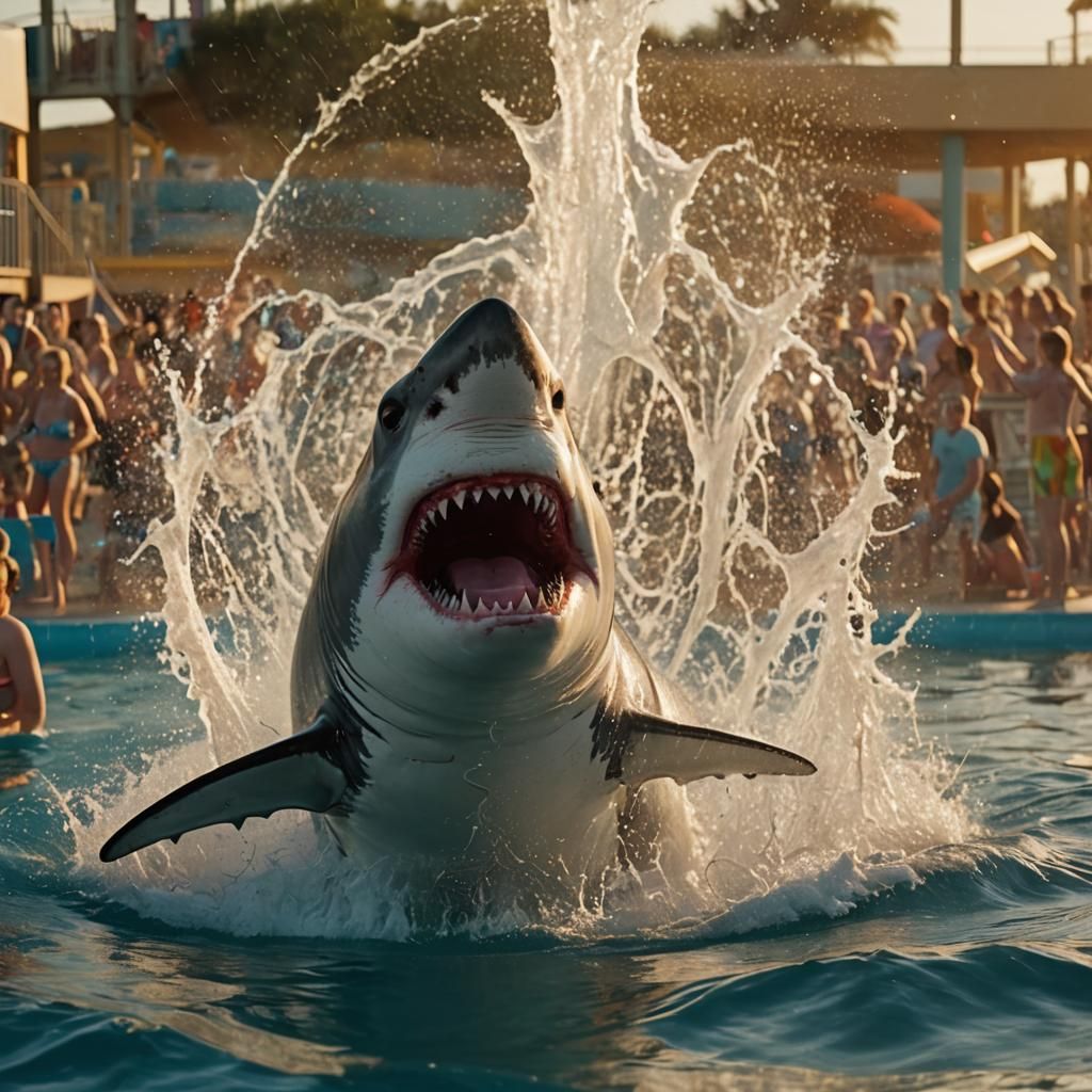 Great White Shark Breaches at Water Park