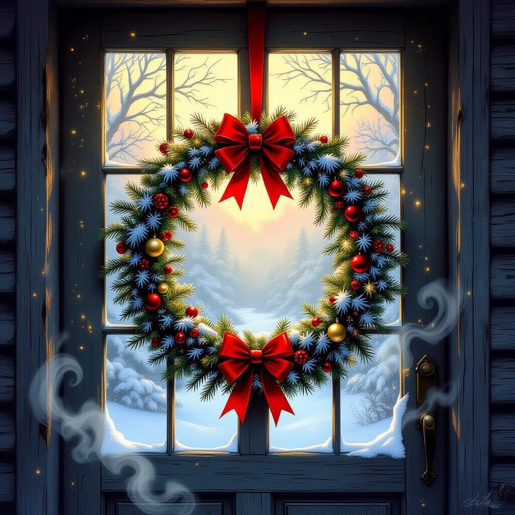 Festive Holiday Wreath on Rustic Door in Luminist Style