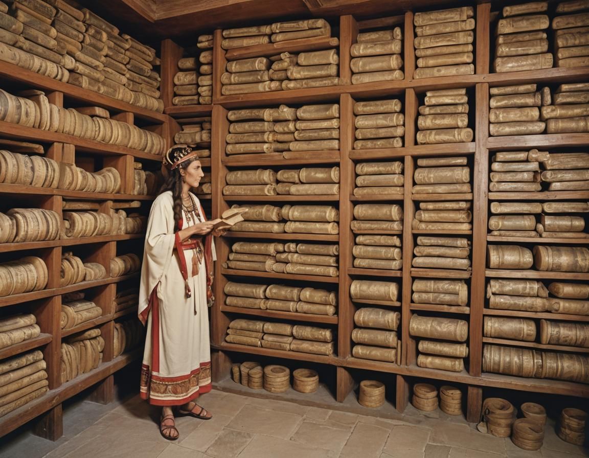 At an ancient library (period accurate sober and modest)