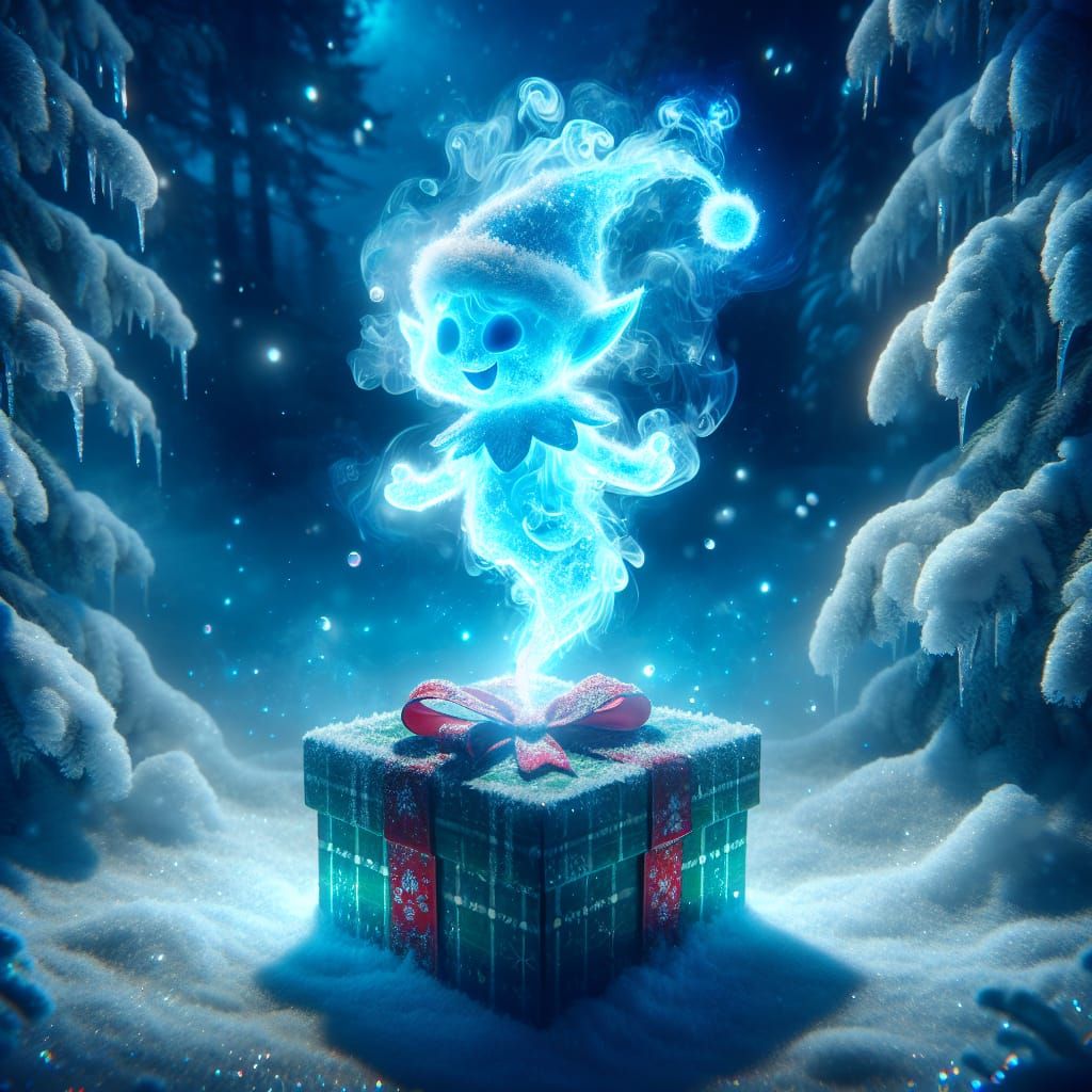 Whimsical Christmas Spirit Erupts from Gift Box in Snowy For...