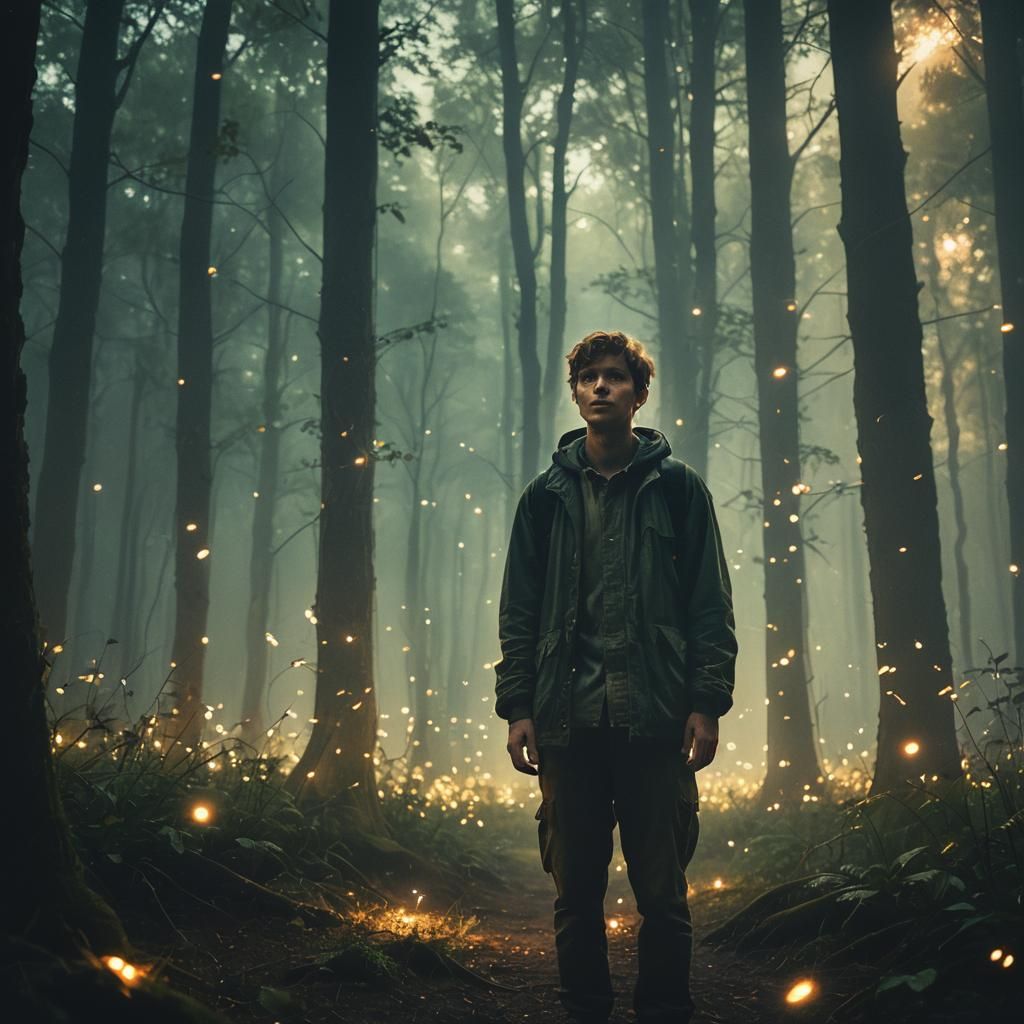 Fireflies Illuminate Misty Forest in Cinematic Still