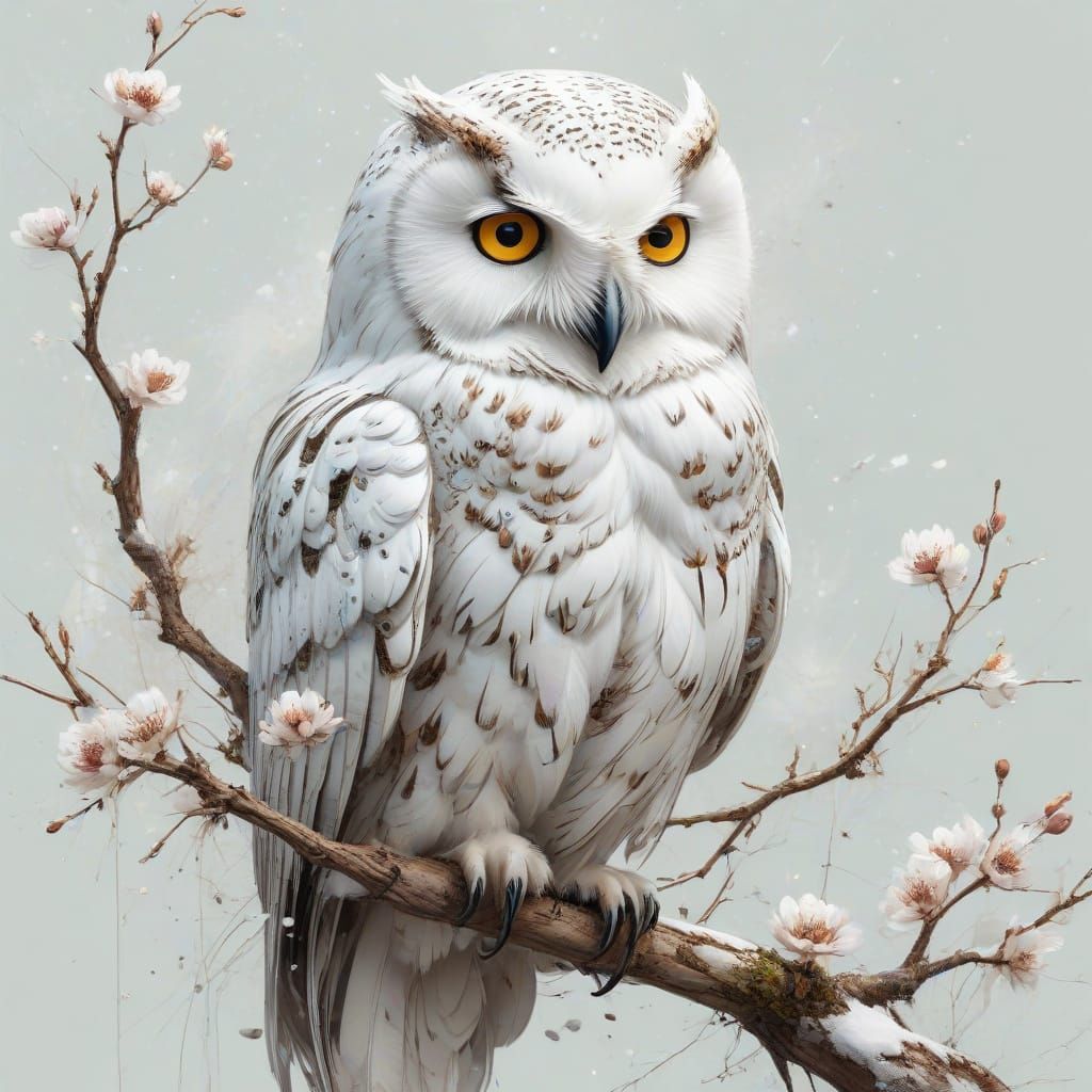 Whimsical Blossom Tree Branches with a Majestic Snow Owl in ...