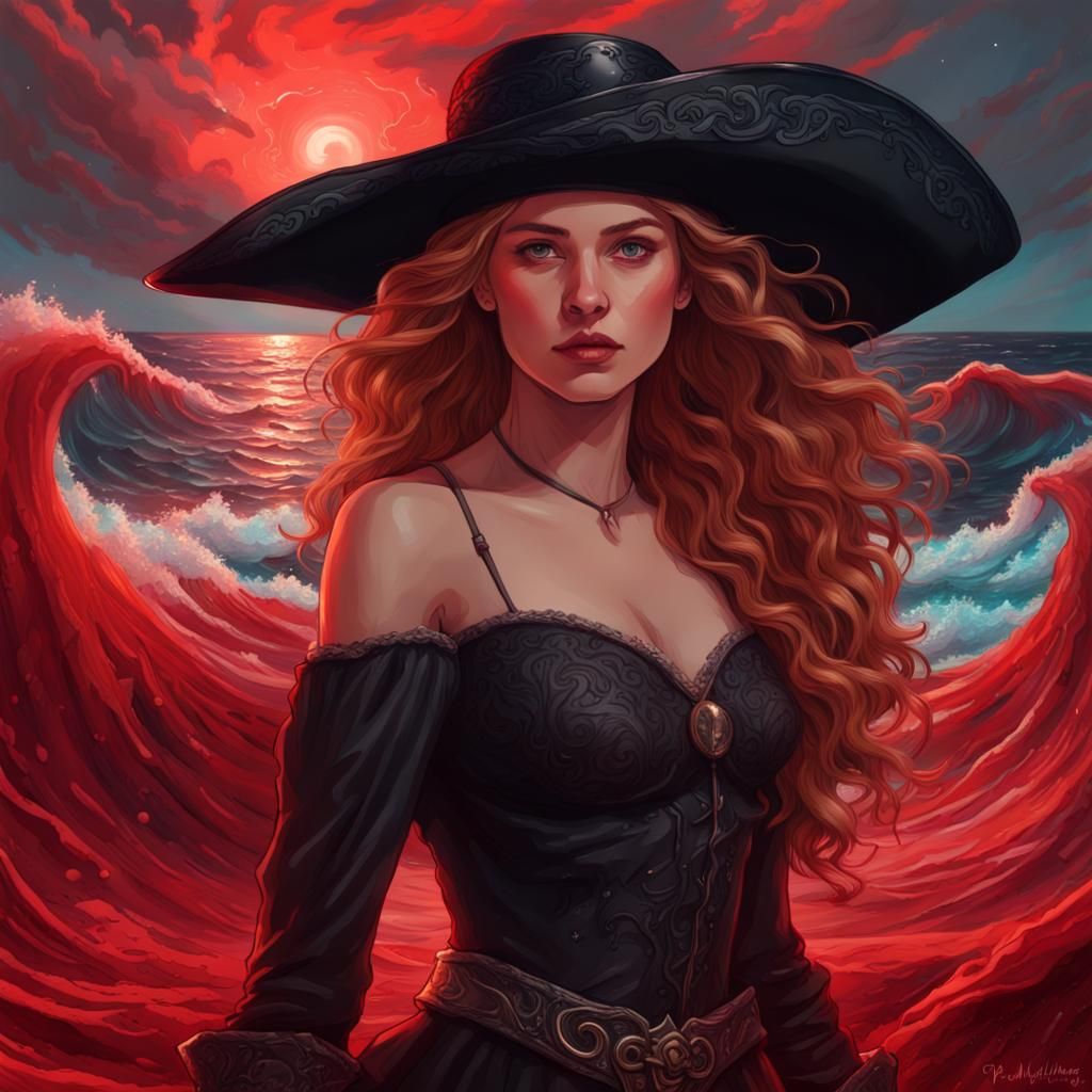 Astral Pirate Girl on Red Cosmic Ocean