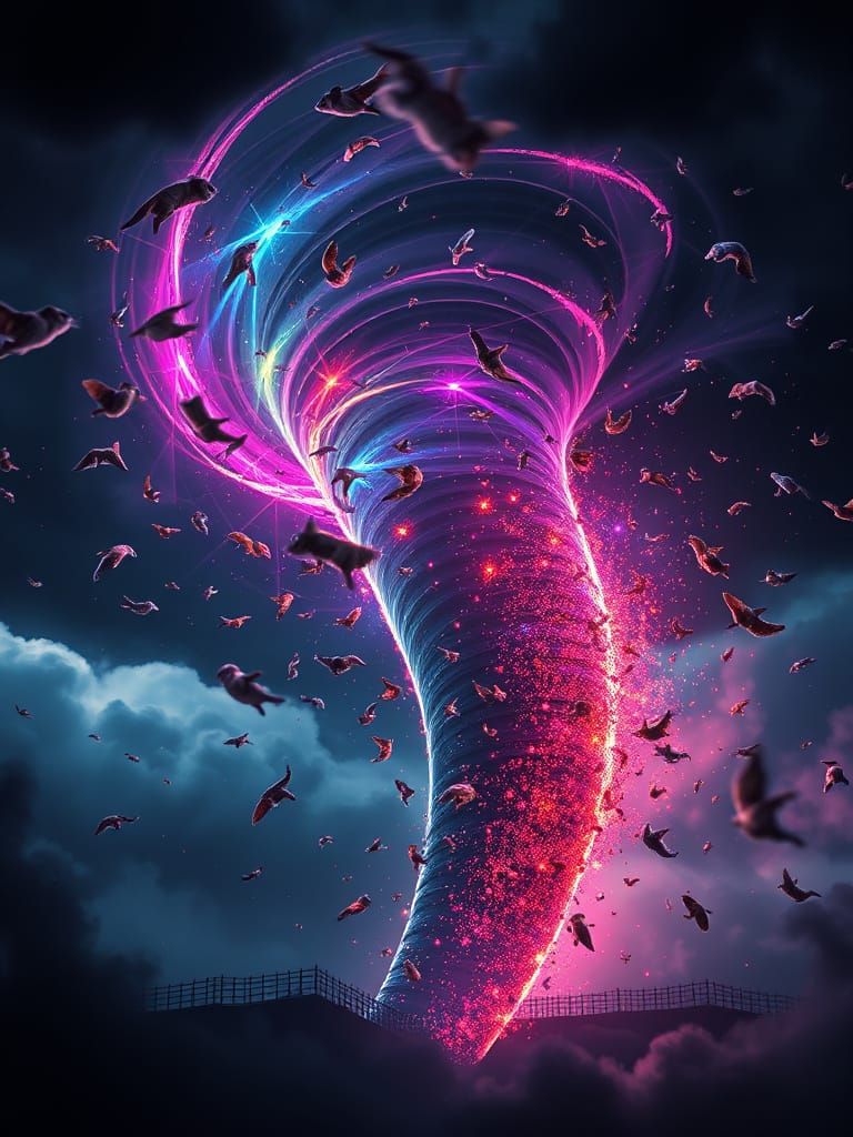 Neon Kitten Tornado in Hyperrealistic Style