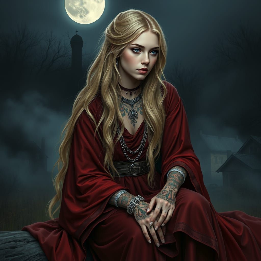 Mystical Woman in Misty Village, Gothic Victorian Style