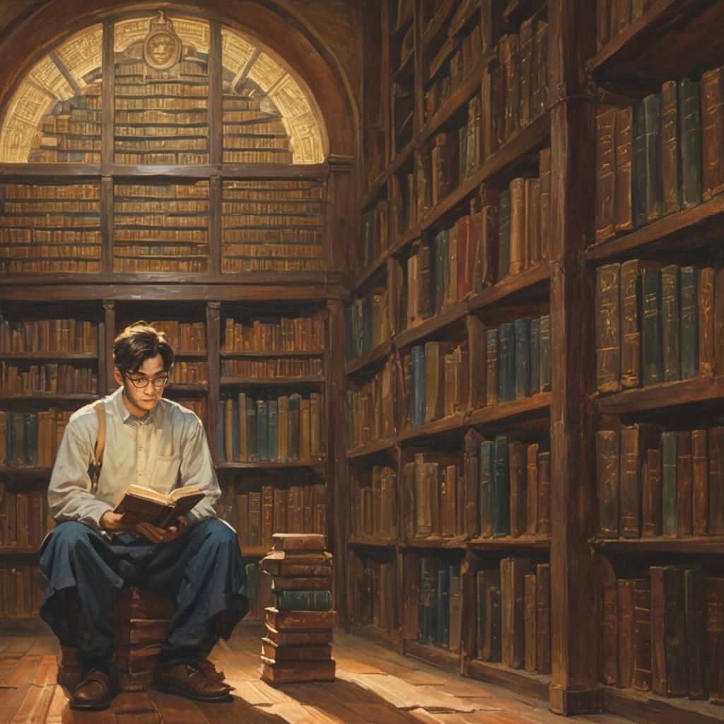 Pensive Young Man in Library, Old Masters Style