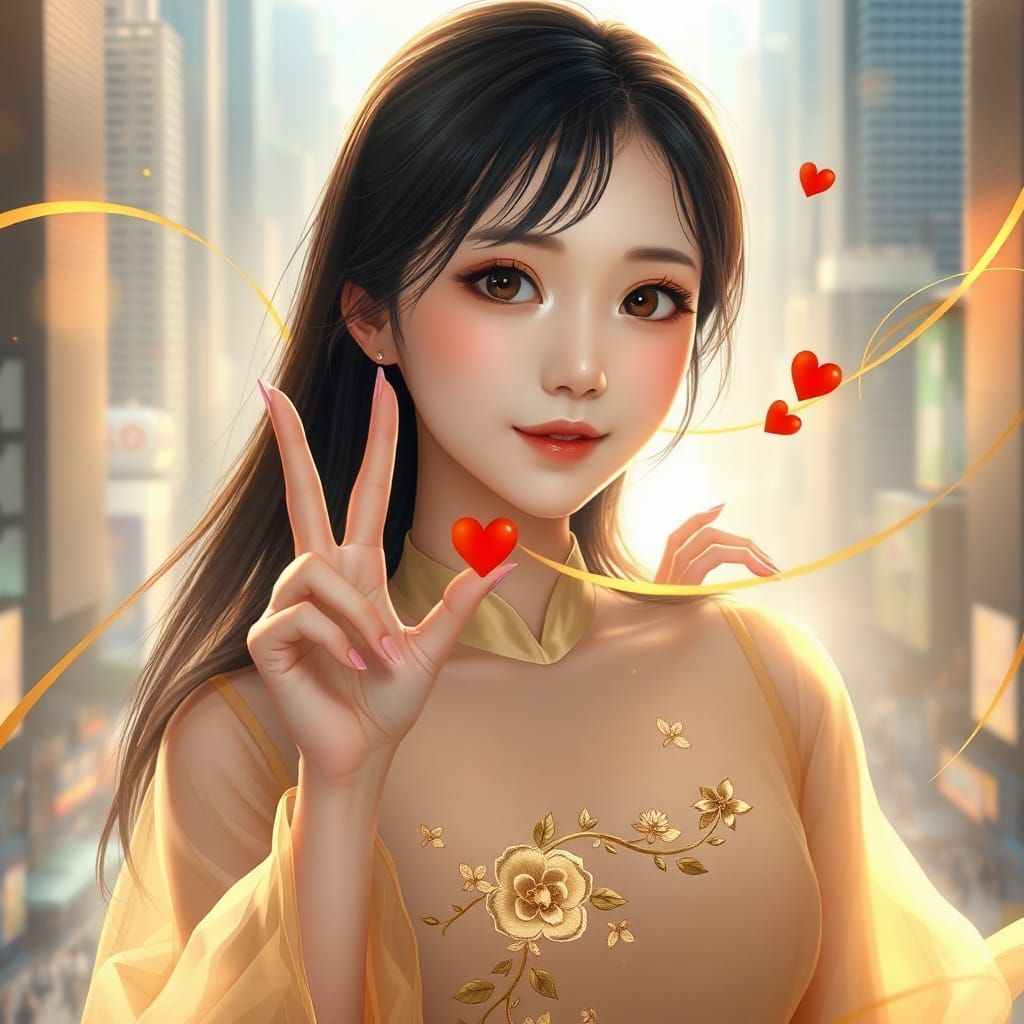 Beautiful Japanese Woman with Floating Heart in Cityscape
