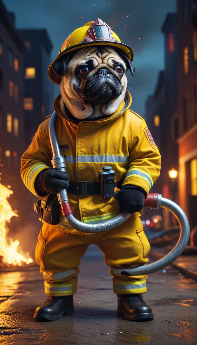 Pug Firefighter in Vibrant Cityscape