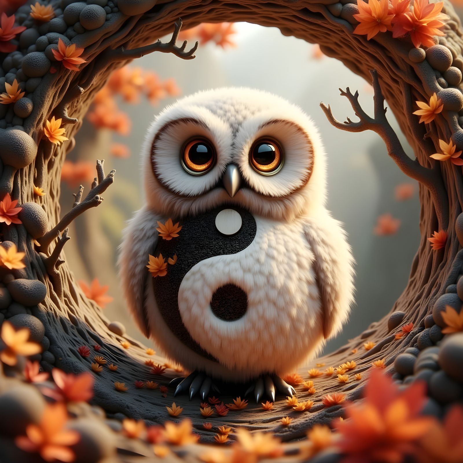 Whimsical Autumn Owl in Vibrant Yin-Yang Harmony