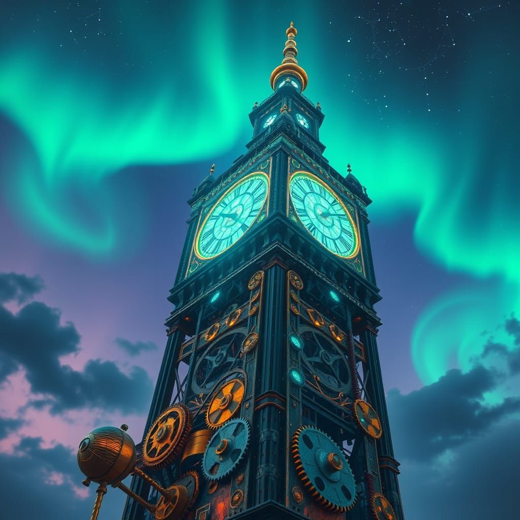 Intricate Clockwork Tower Under Aurora Sky