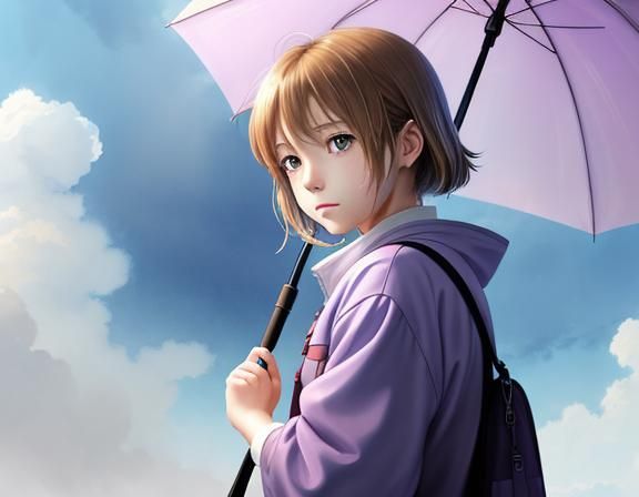 Sad Tabby Cat with Umbrella: Watercolor Digital Art