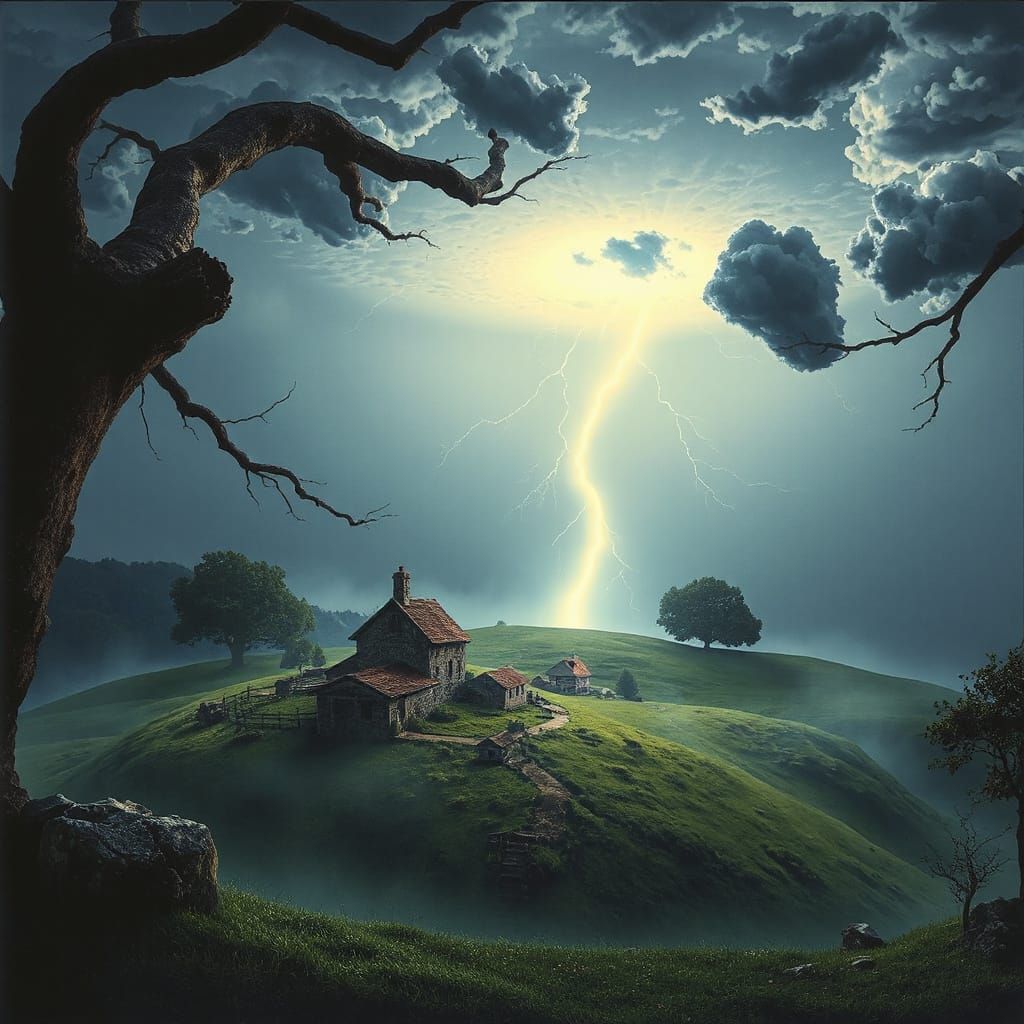 Surreal Village Thunderstorm Inspired by Pranckevicius