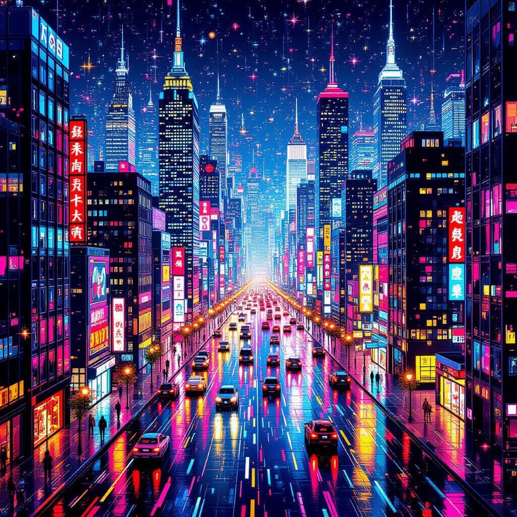 Vibrant Particle Cityscape with Kaleidoscopic Light