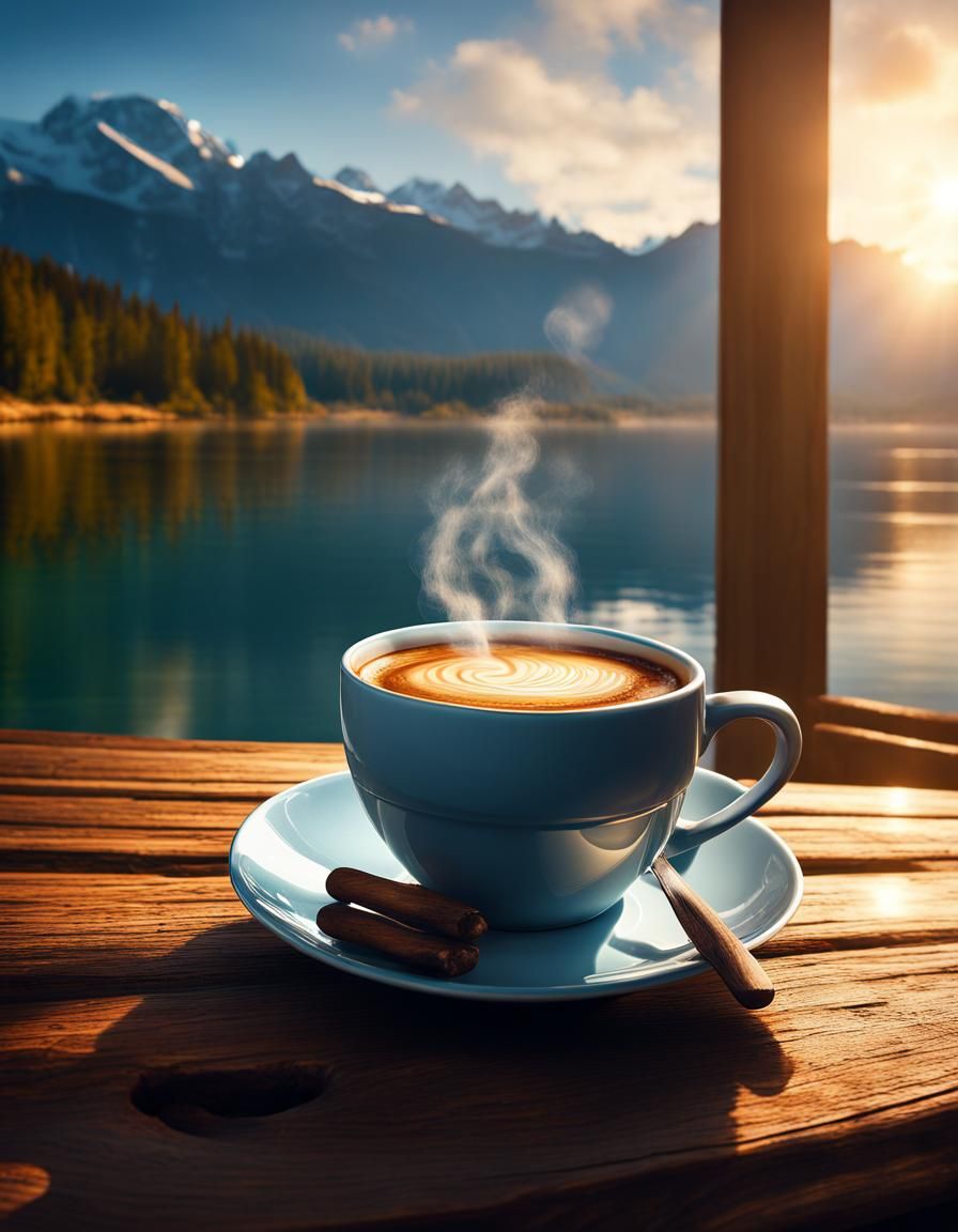 Steaming Coffee Cup Reflecting Lake: Hyperrealistic Still Li...
