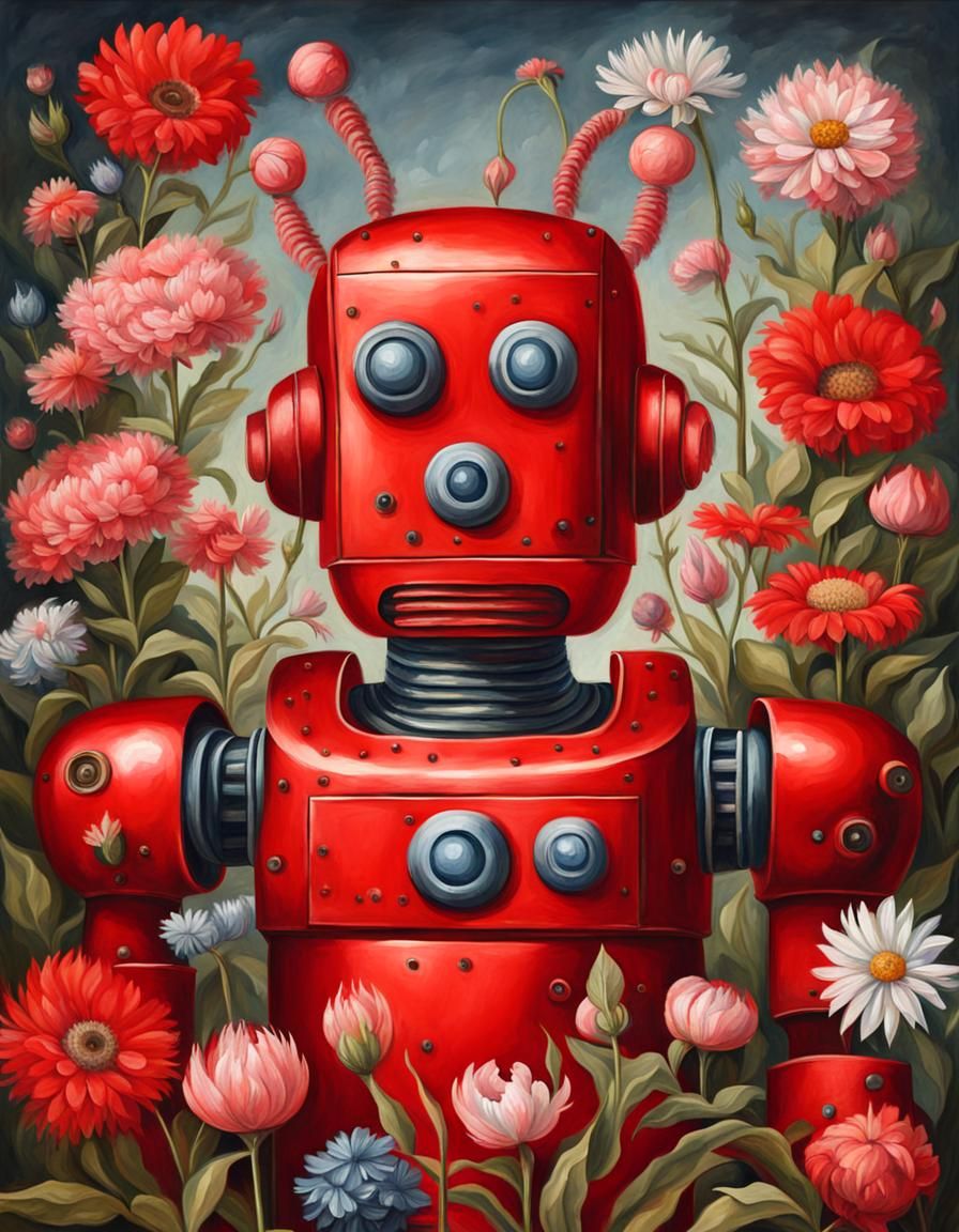 Robot Portrait with Flowers in Gouache Style