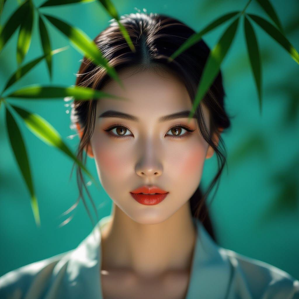 Ethereal East Asian Woman Portrait with Bamboo and Neon Ligh...