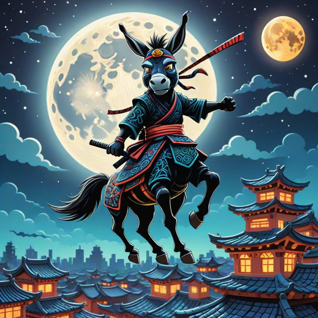 Ninja Donkey Leaps Under Moon in Cartoon Style