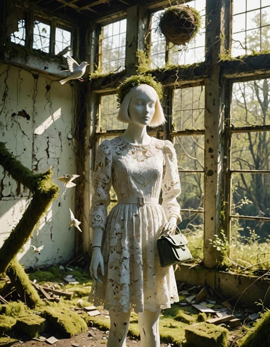 Mannequin in Lace Dress in Abandoned Building