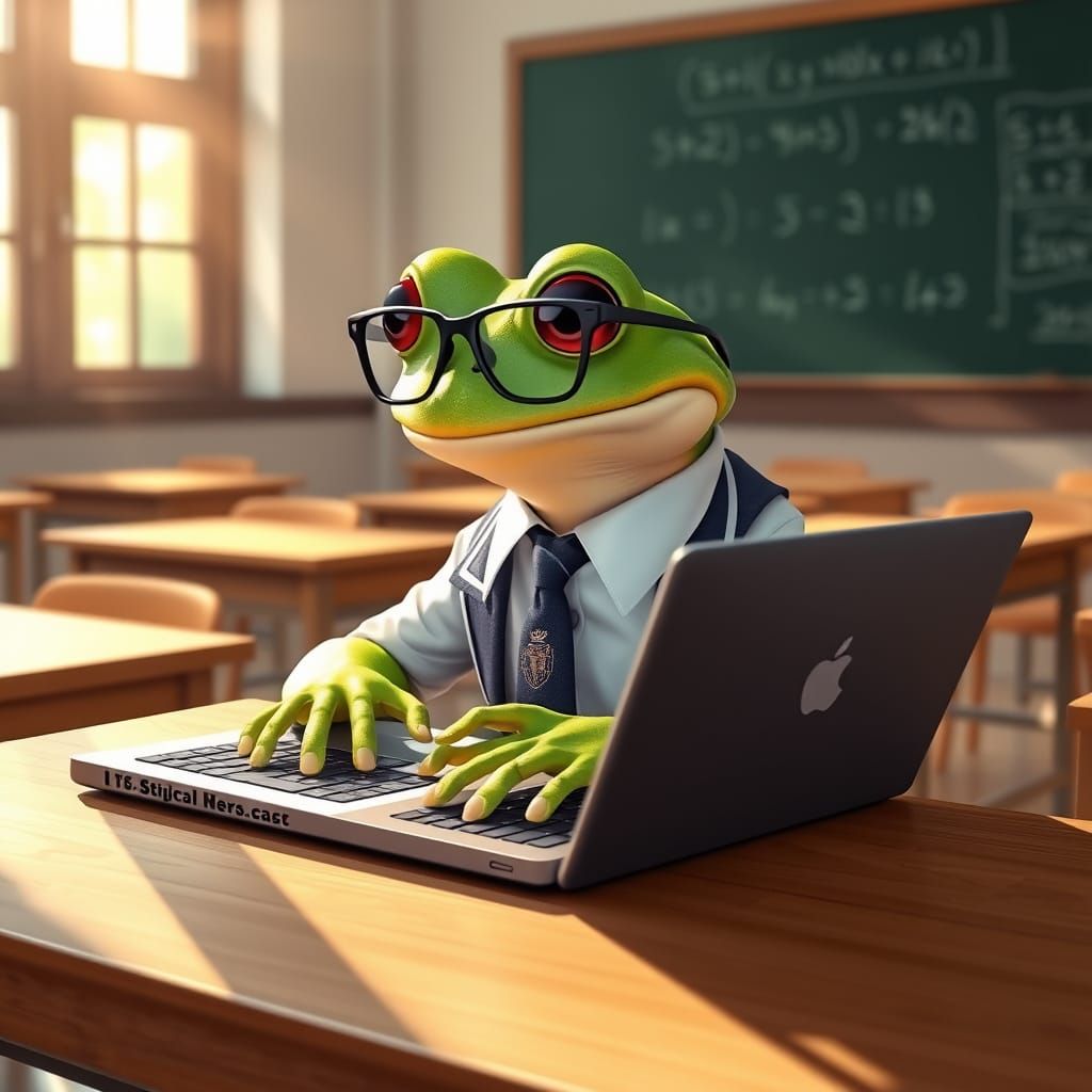Frog Student Typing on Laptop, Digital Painting